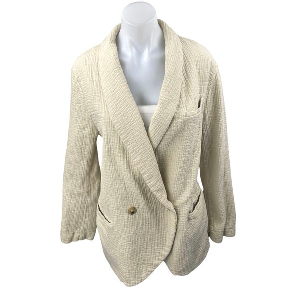 Free People Rowan Cream Gauze Double Breasted Long Sleeve Blazer Coat Jacket M - Picture 1 of 5